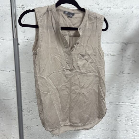 Sleeveless Beige Top Vince Buttoned Blouse with Mandarin Collar Sleeveless XS - Picture 1 of 3